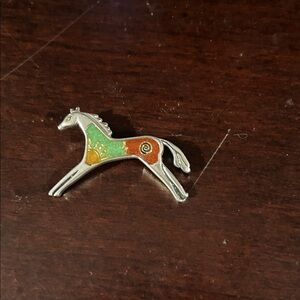 Silver-tone Enamel Horse Pin with Green and Orange Accents